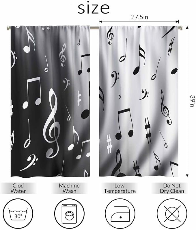 Modern Kitchen Curtains Black and White Music Notes Dancing Short Tier Curtains - Image 2