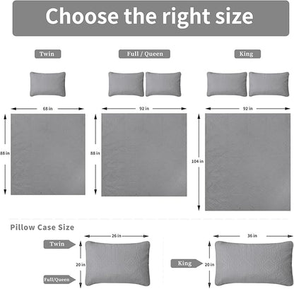 Easy-Going King Size Reversible Quilt Set with 1 Quilt and 2 Pillow Shams, Soft Bed Quilt Cover, Water Resistant Lightweight Microfiber Bedspread, Stain Resistant, Olive Leaf-Light Gray/Ivory