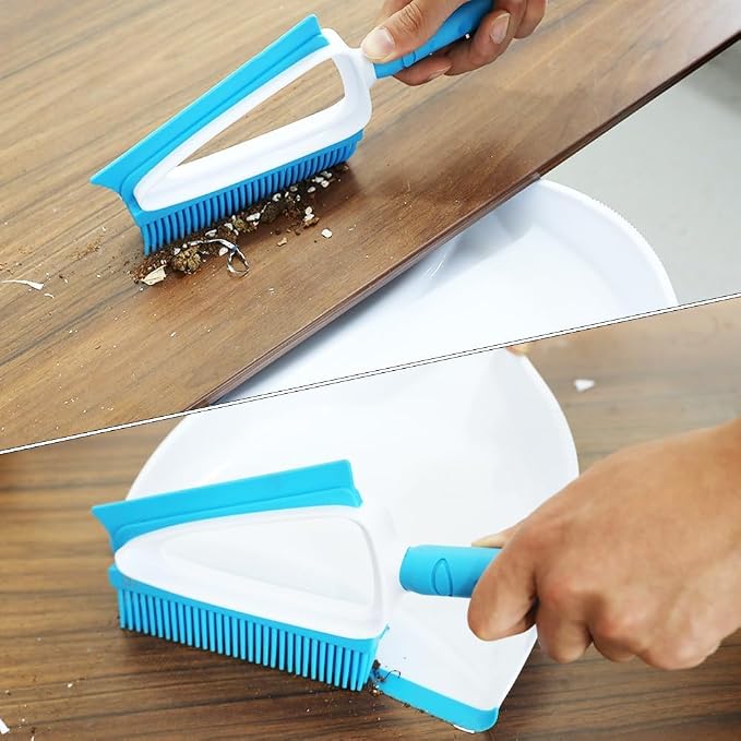 Pet Rubber Brush with Mini Dustpan, Dog Cat Hair Removal Brush with Squeegee - Image 5