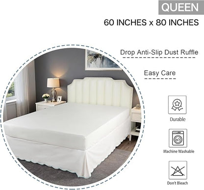 HIG Off White Chic Queen Bed Skirt - Easy Fit Scallop Edge Pleated Bedskirts, 14 Inch Drop Anti-Slip Dust Ruffle, Thick Fabric for Enhanced Privacy, Pre-Washed for Long-Lasting Use(N60022)