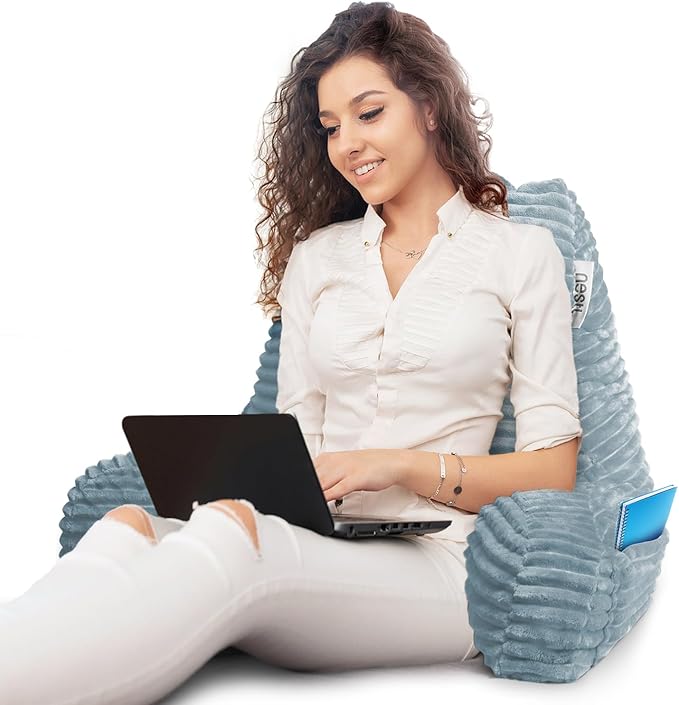 Nestl Reading Pillow with Shredded Memory Foam, Luxe Cut Plush Back Pillow for Sitting Up in Bed, Back and Arms Adjustable Support for Adult & Teens, Backrest Pillows with Washable Cover Stone Blue