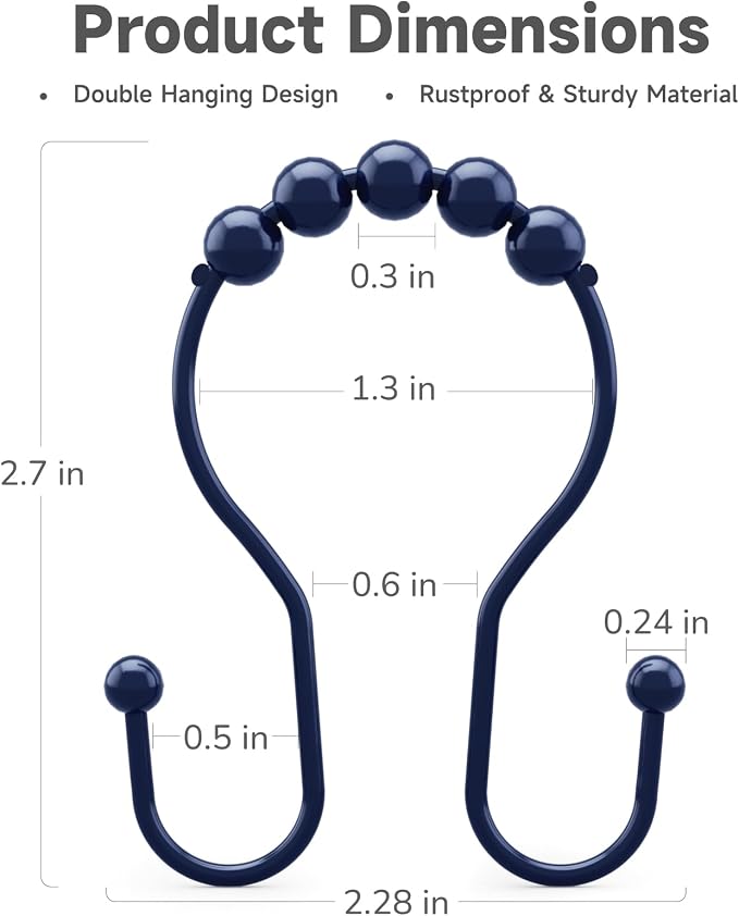 Shower Curtain Hooks, Shower Curtain Rings Rust Proof Navy Blue Double Hook - Image 5