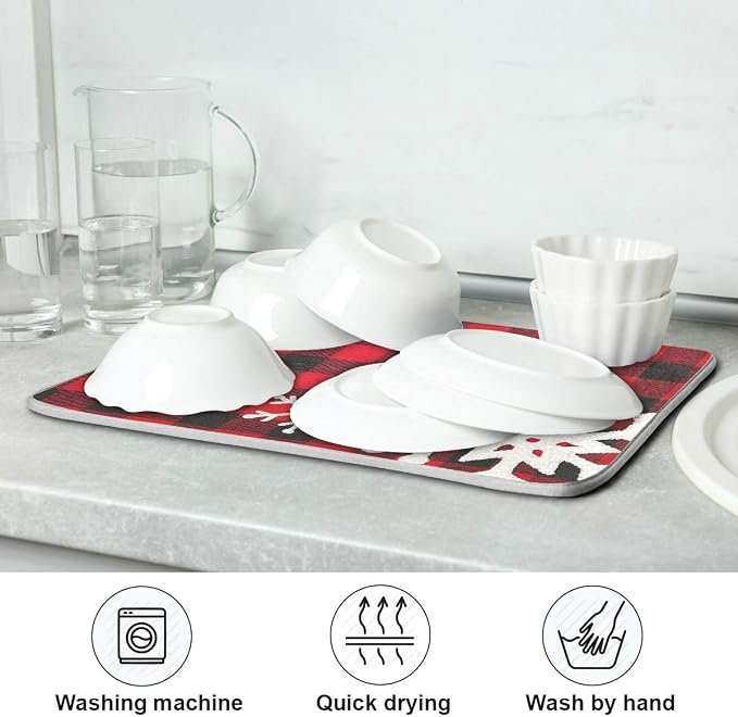 Christmas Red Plaid Snow Snowflake Dish Drying Mat 18x24 inch Red Black Lattice - Image 7