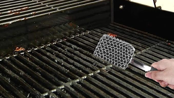 Cast Iron Scrubber Brush with Handle Cast Iron Cleaner Chainmail Scrubber + Pan - Image 3