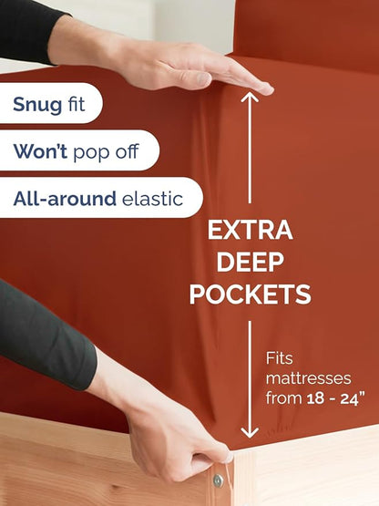 Extra Deep Twin Fitted Sheet - Hotel Luxury Single Fitted Sheet Only - Easily Fits 18 inch to 24 inch Mattress - Ultra Soft, Wrinkle & Fade Free w/Extra Deep Pockets - Breathable & Comfy - Terracotta