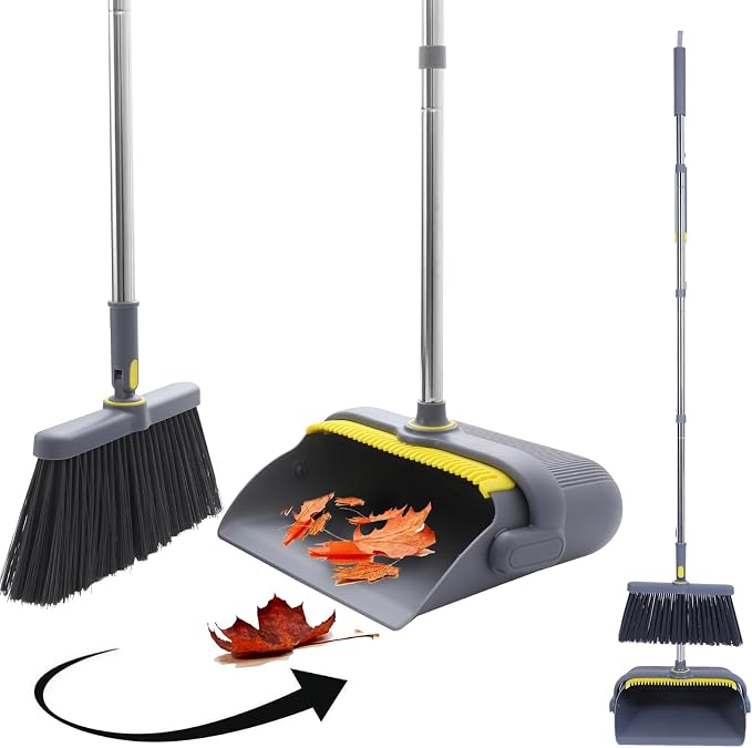 Heavy Duty Broom and Standing Dustpan Combo Set, Rotatable Head Dust Pan and by NapalonaCleaningSupplies