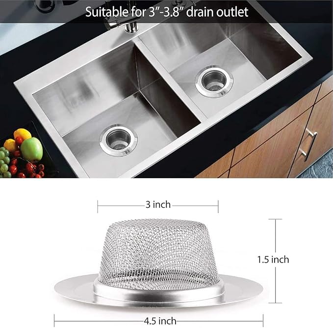 2 Pcs Stainless Steel Kitchen Mesh Silver Sink Strainer Large Wide Rim 4.5" - Image 3