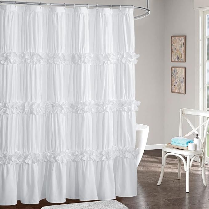 Victorian Ruffle Shower Curtain, Ruched Microfiber Vintage Handcrafted Bow Tie by Homechoice+Decor