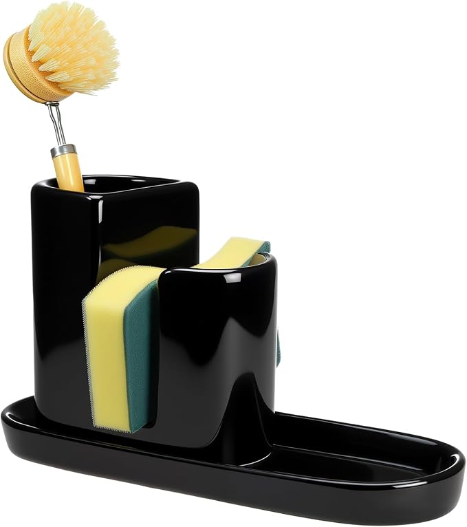 Geelin 3 in 1 Ceramic Kitchen Sink Caddy Dish Sponge Holder Scrub Brush Holder by Geelin