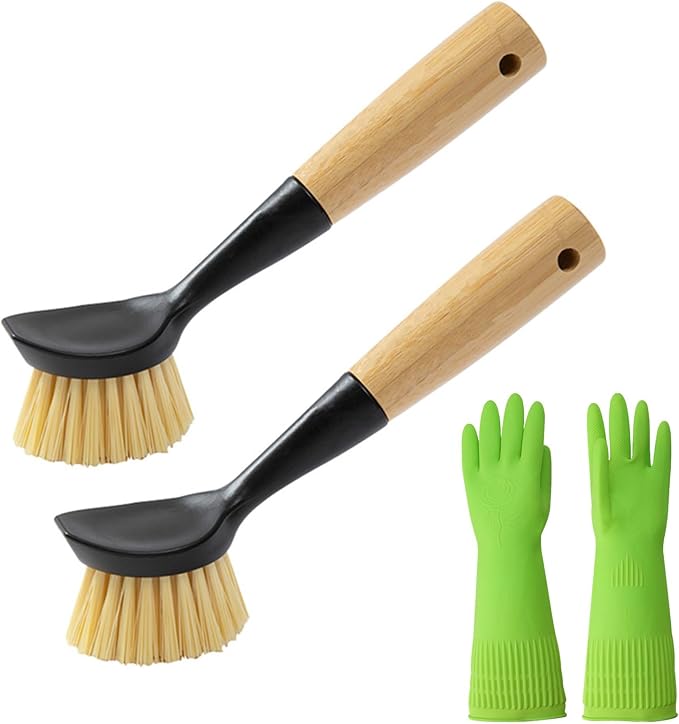 2 Pack Kitchen Dish Brush+1 Pair Reusable Rubber Gloves, Kitchen Cleaning Sets by Unknown