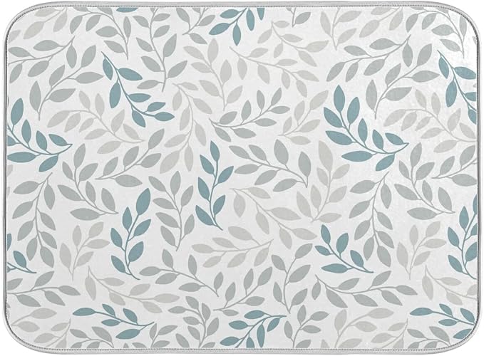 Grey and Blue Leaves branches Dish Drying Mat 16x18 by Wamika
