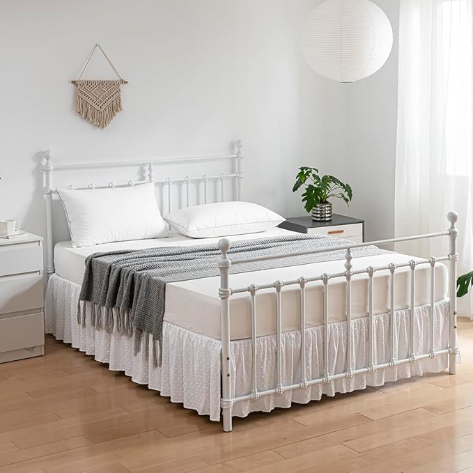 Tufted Dot Bed Skirt King Size Ruffled Bed Skirt with Split Corners, 16 Inch Drop Dust Ruffle Bed Skirts with Platform, White