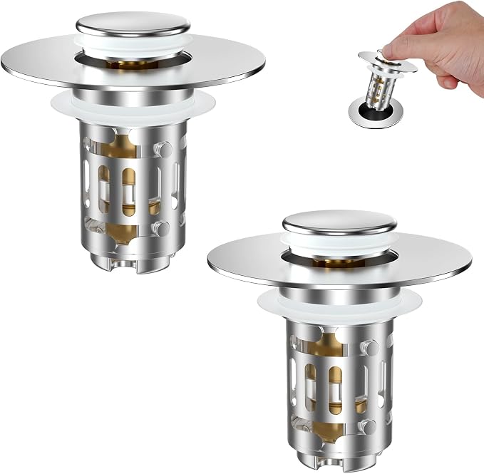 Hibbent 2 Pack Universal Bathroom Sink Drain Strainer, 3 in 1 Pop Up Stopper by Hibbent