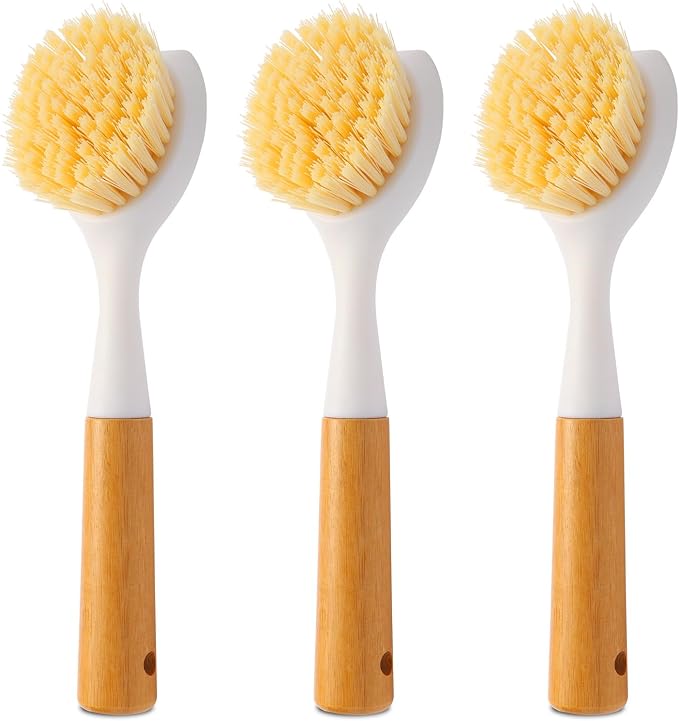 3 Pack Dish Brush Set with Bamboo Handle, Dish Scrubber Built-in Scraper by Cooptop