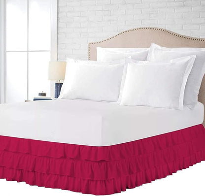 Multi-Ruffle Bed Skirt, Soft Multi Elastic Dust Ruffles with Wrap Around Bed Skirt Easy Fit with 18 Inch Drop 100% Cotton 800 Thread Count (Short Queen, Hot Pink)