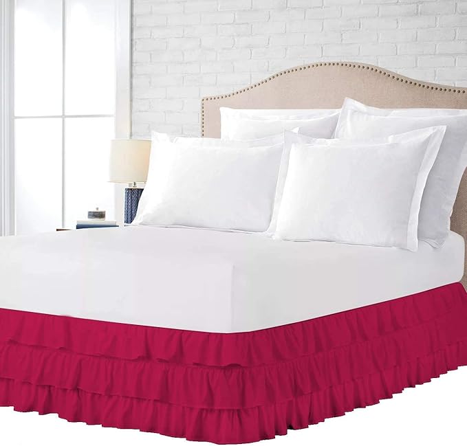 Multi-Ruffle Bed Skirt, Soft Multi Elastic Dust Ruffles with Wrap Around Bed Skirt Easy Fit with 18 Inch Drop 100% Cotton 800 Thread Count (Short Queen, Hot Pink)