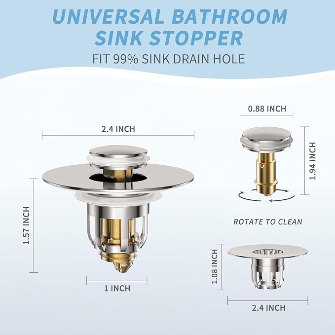Universal 2 in 1 Bathroom Sink Stopper, Pop Up Bathroom Sink Drain Strainer - Image 2