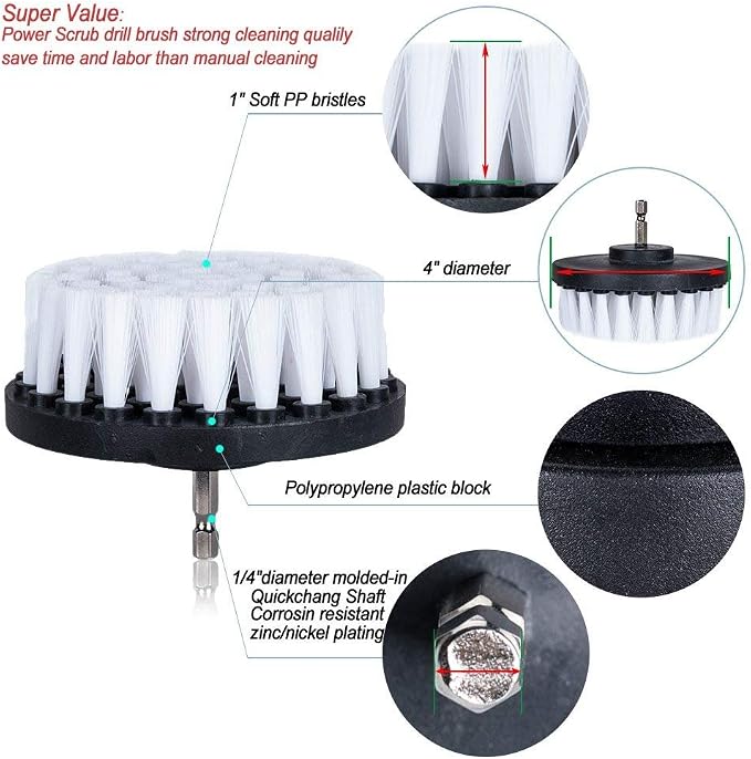 5 Piece 4 inch Drill Brush Soft Bristle White Quick Change Shaft Soft Bristle - Image 4