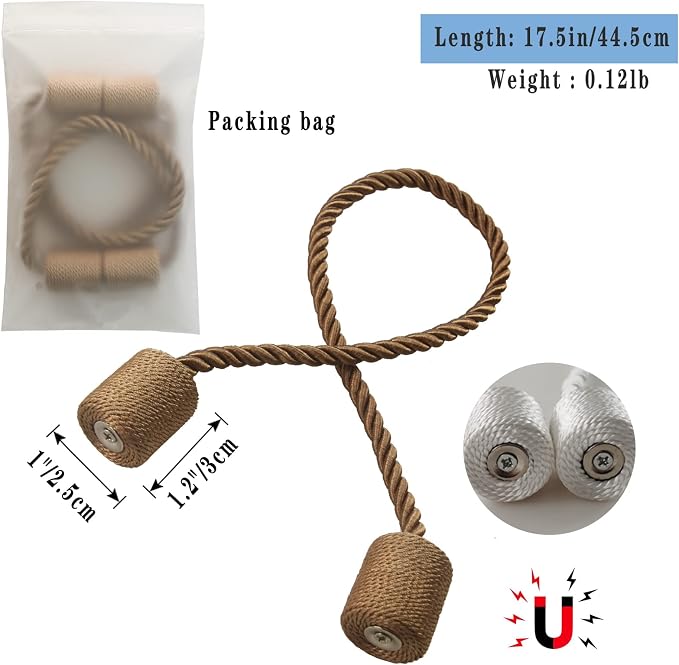Magnetic Curtain Tiebacks 6 Pack Khaki Curtain Rope Tieback Curtain Holders - Image 2
