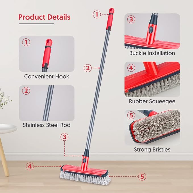 Floor Scrubber with Long Handle, 2 in 1 Scrubbing Brush Stiff Bristle Shower - Image 6