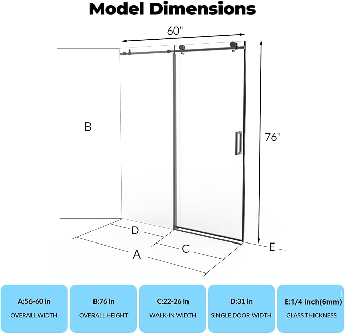 Frameless Shower Door, Adjustable 56"-60" Width x 76" Height, 6mm SGCC Tempered - Image 2