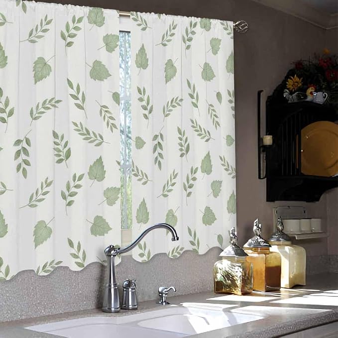 Green Botanical Kitchen Curtains Watercolor Green Leaves and Branches Nature - Image 4