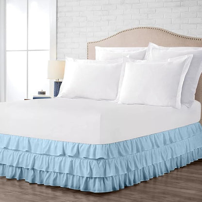 Multi-Ruffle Bed Skirt, Soft Multi Ruffle Bed Skirt Elastic Dust Ruffles with Wrap Around Bed Skirt Easy Fit with 18 Inch Drop 100% Cotton 800 Thread Count Bed Skirt (Queen XL, Light Blue)
