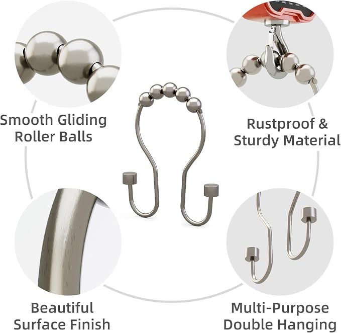 Shower Curtain Hooks, Shower Curtain Rings Rust Proof Double Hook Shower - Image 2