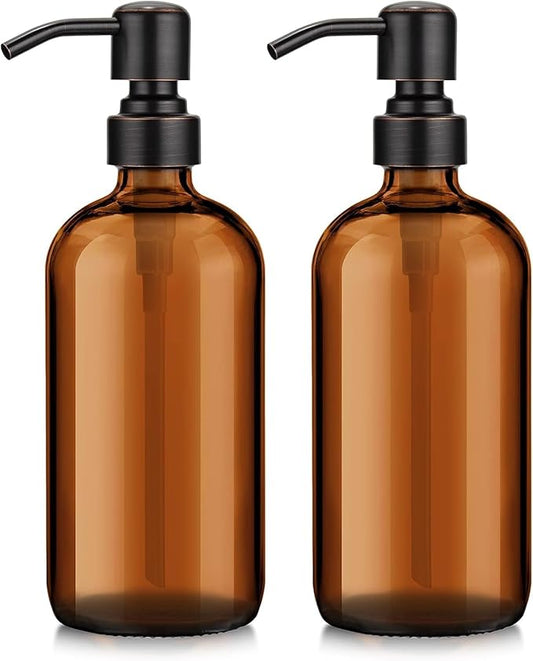 AmazerBath Amber Glass Soap Dispensers, 2 Glass Amber Pump Bottles, 17 Oz Dish by AmazerBath