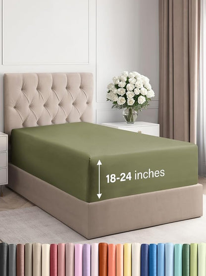 Extra Deep Twin Fitted Sheet - Hotel Luxury Single Fitted Sheet Only - Easily Fits 18 inch to 24 inch Mattress - Ultra Soft, Wrinkle & Fade Free w/Extra Deep Pockets - Breathable & Comfy - Sage Green