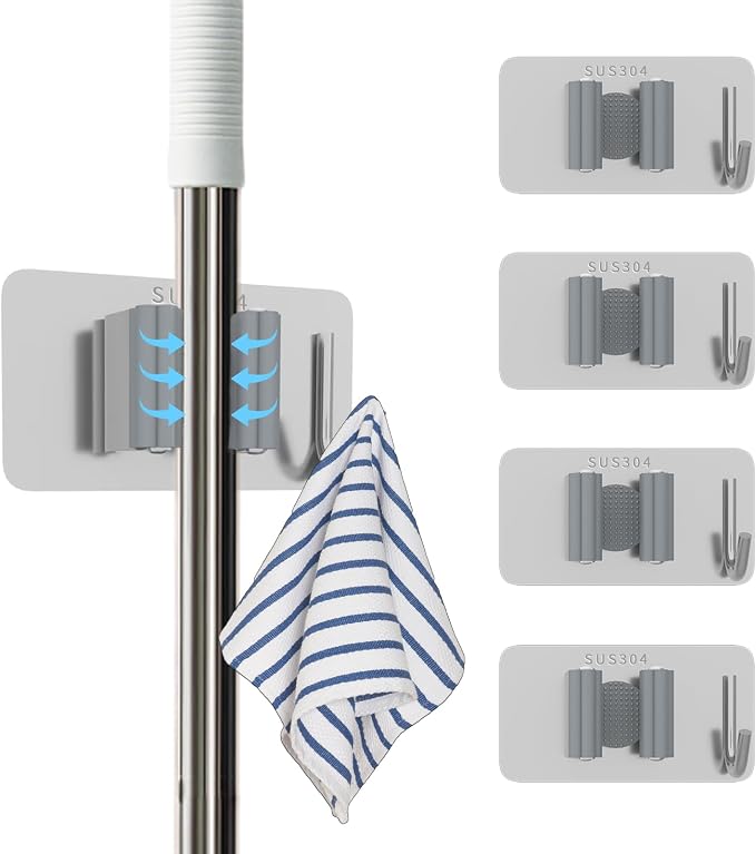 Stainless Steel Mop Holder Wall Mount – 4 Pack Heavy-Duty Broom Organizer by Unknown