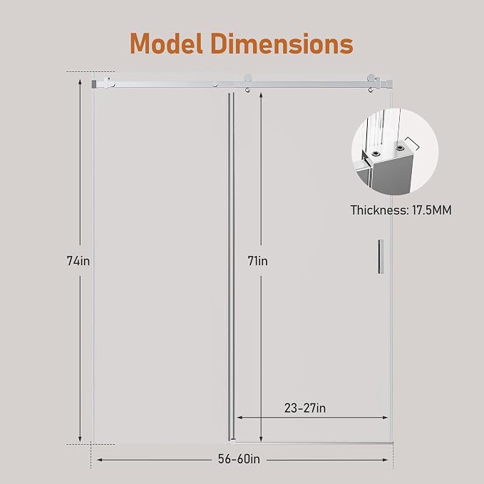 56-60 Inch Frameless Sliding Shower Door, 5/16" Clear Tempered Glass, Smooth - Image 2
