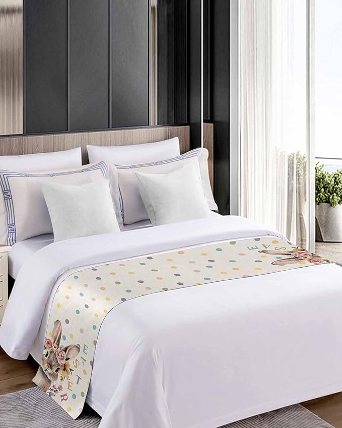 Spring Easter Farm Rabbit Flower Bed Runners for Bedroom Hotel,Decorative Bedding Scarf Colorful Quote Dot on Linen Bed End Blanket Bedding Runner Scarves for Full Size Bed,83x20in