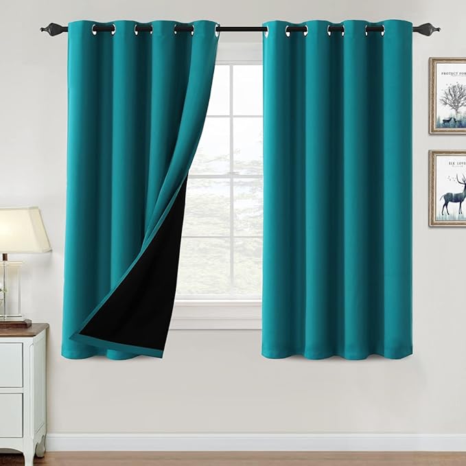 H.VERSAILTEX 100% Blackout Curtains for Bedroom Thermal Insulated Blackout Curtains 54 inch Length Full Light Blocking Curtains for Living Room with Black Liner 2 Panels Set, Turquoise Blue
