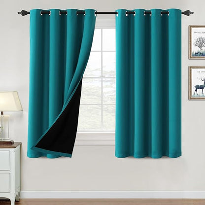 H.VERSAILTEX 100% Blackout Curtains for Bedroom Thermal Insulated Blackout Curtains 54 inch Length Full Light Blocking Curtains for Living Room with Black Liner 2 Panels Set, Turquoise Blue
