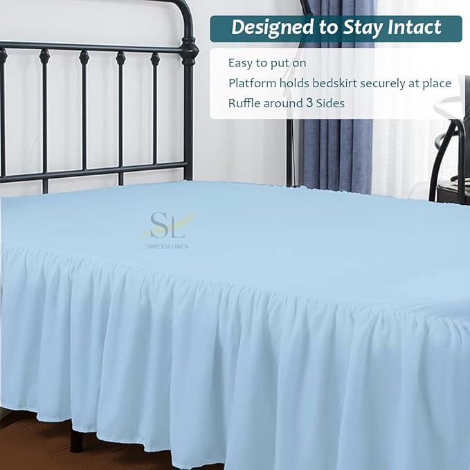 Shreem Linen Ruffled Bed Skirt with Split Corners, Gathered Style, 100% Microfiber, 28-Inch Drop, Dust Ruffle Bedskirt with Platform, Short Queen, Light Blue