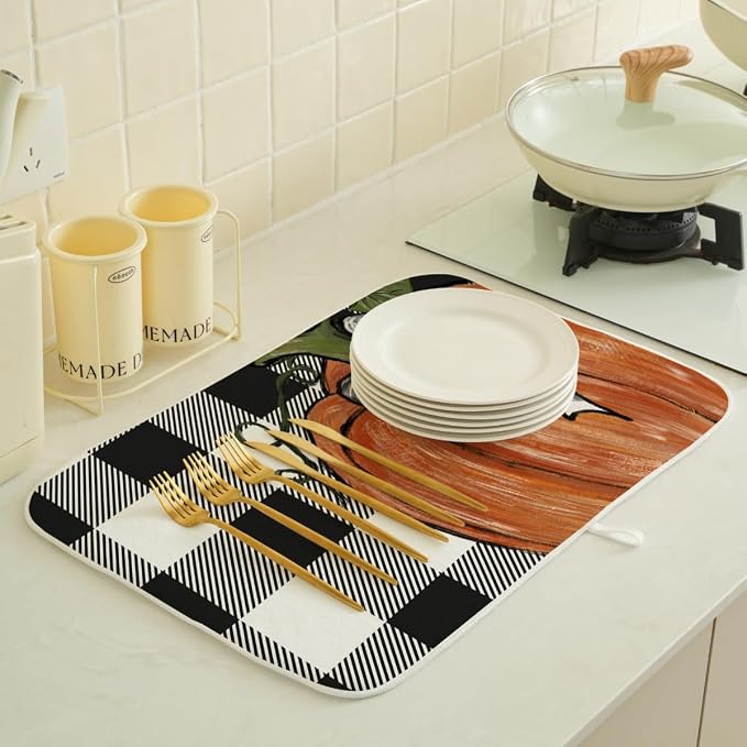 Fall Dish Drying Mat 18 x 24 Inch Thanksgiving Buffalo Plaid Pumpkin Drying Mat - Image 2