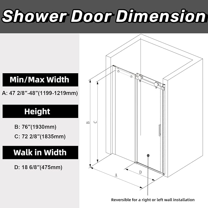 Sunrosa Semi-Frameless Glass Shower Door, 47 2/8" -48" W x 76" H Single Sliding - Image 6