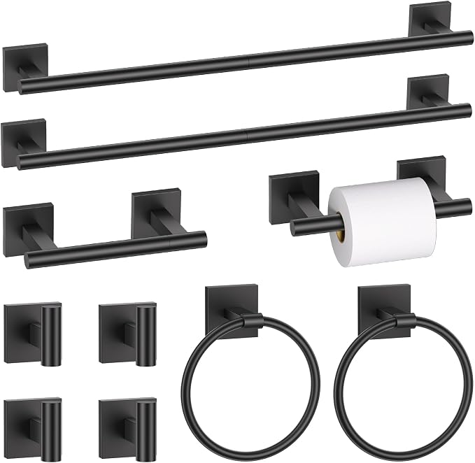 10 Pieces Matte Black Towel Bar Set, Double Dase Toilet Paper Holder Bathroom by SOAEZ