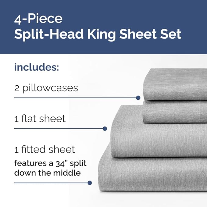 Split Head King Sheet Set – 4 Piece Flex Split Top King Sheets for Adjustable Beds - Fits 14” to 16" Mattress w/ Deep Pockets - Breathable & Cooling - Luxury Bedding and Wrinkle Free - Heathered Grey