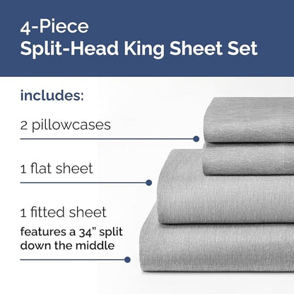 Split Head King Sheet Set – 4 Piece Flex Split Top King Sheets for Adjustable Beds - Fits 14” to 16" Mattress w/ Deep Pockets - Breathable & Cooling - Luxury Bedding and Wrinkle Free - Heathered Grey