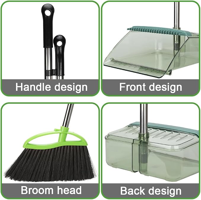 Soft Bristles Green Angle Broom and Dustpan Set, Long Handle Household Indoor - Image 4