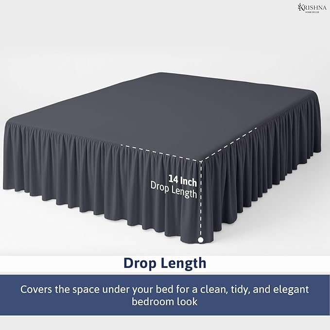 KRISHNA Ruffled Bed Skirt with Split Corners Queen, 100% Microfiber Hotel Quality, 14 Inch Drop Dust Ruffle Gathered Bedskirt with Platform, 60" x 80", Dark Grey