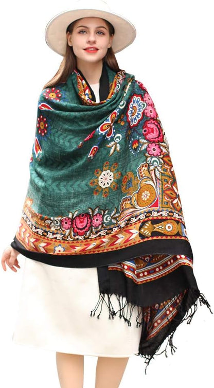 DANA XU 100% Merino Wool Pashmina Shawl for Women 96"x43", Oversized Cashmere Wrap with Tassels, Floral Travel Blanket Cape