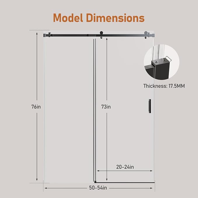 50-54 Inch Frameless Sliding Shower Door, 5/16" Clear Tempered Glass, Smooth - Image 2