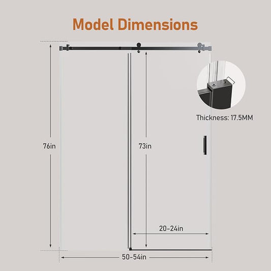 50-54 Inch Frameless Sliding Shower Door, 5/16" Clear Tempered Glass, Smooth - Image 2