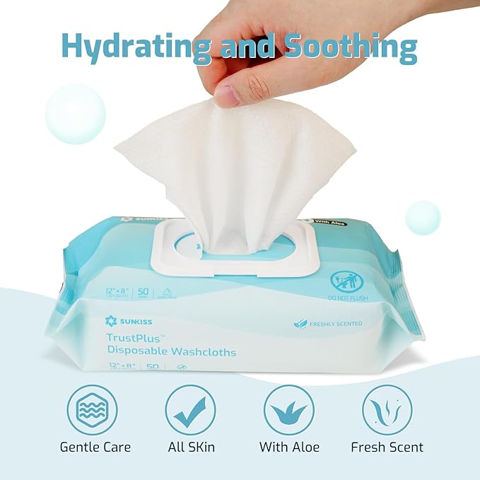 SUNKISS Trustplus Wet Wipes for Adult No Rinse, Extra Large 8”x12” Body - Image 6