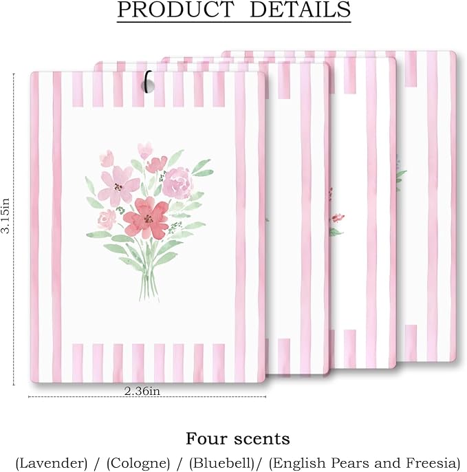 Girly Pink Floral Car Air Freshener 4 Pcs, Preppy Pink Striped Flower Hanging - Image 4