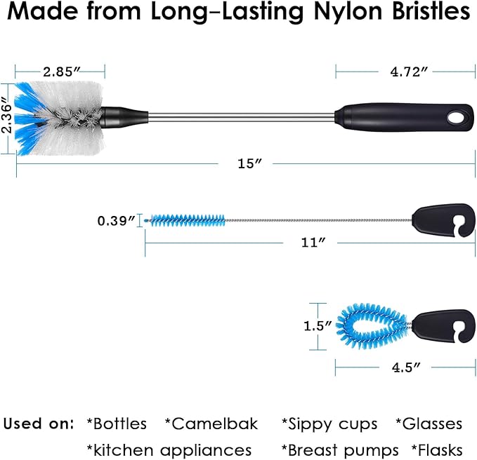 3-in-1 Stainless Steel Bottle Brush and Straw Cleaning Set, Long Handle Scrub - Image 4