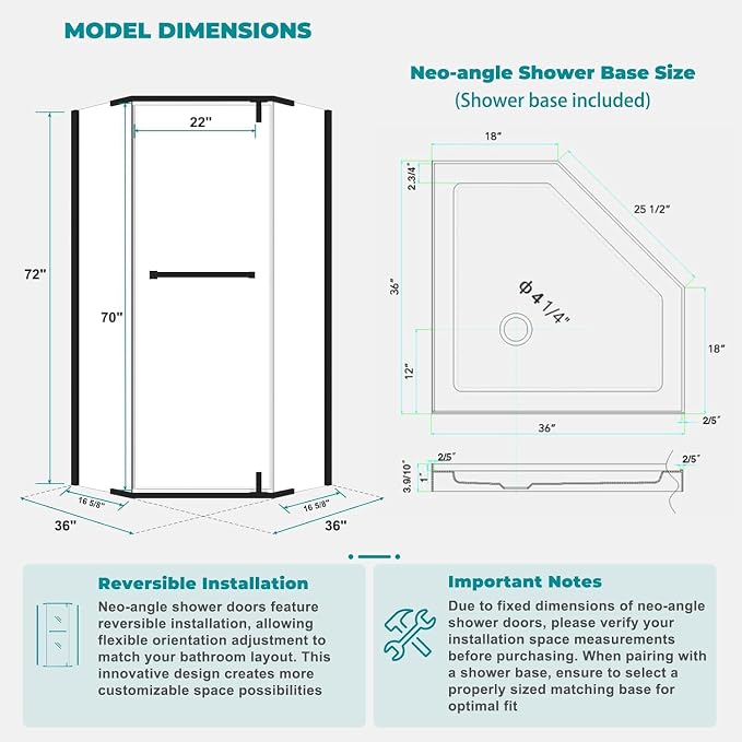 36" D x 36" W x 72" H Neo-Angle Frameless Shower Door, 1/4” SGCC Tempered Glass - Image 9